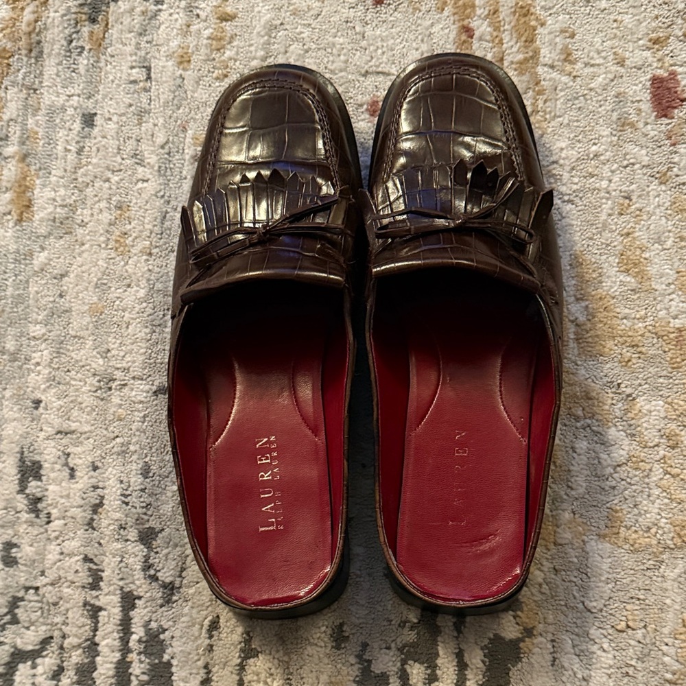 Lauren Ralph Lauren Dark Brown Croc-Embossed Mules